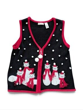 VTG Kim Rogers Knit Zip Christmas Cats Sweater Vest M Black Red NWT Whimsical